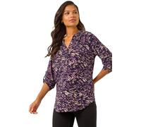 Roman Originals Shirt for Women UK Ladies Top Collarless Blouse Stretchy Tunic Smart Casual Autumn Winter Jersey 3/4 Length Sleeve Notch V Neck Flattering Office Work - Abstract Purple - Size 18