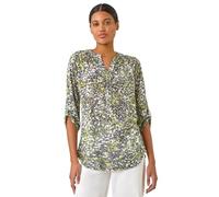 Roman Originals Shirt for Women UK Ladies Top Collarless Blouse Stretchy Tunic Smart Casual Autumn Winter Jersey 3/4 Length Sleeve Notch V Neck Flattering Office Work - Lime - Size 16