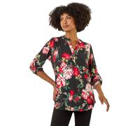 Roman Originals Shirt for Women UK Ladies Top Collarless Blouse Stretchy Tunic Smart Casual Autumn Winter Jersey 3/4 Length Sleeve Notch V Neck Flattering Office Work - Red Noir White - Size 12