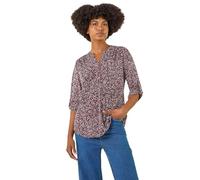 Roman Originals Shirt for Women UK Ladies Top Collarless Blouse Stretchy Tunic Smart Casual Autumn Winter Jersey 3/4 Length Sleeve Notch V Neck Flattering Office Work - Burgundy Leaf - Size 16