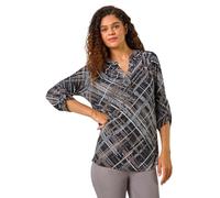 Roman Originals Shirt for Women UK Ladies Top Collarless Blouse Stretchy Tunic Smart Casual Autumn Winter Jersey 3/4 Length Sleeve Notch V Neck Flattering Office Work - Chocolate - Size 12