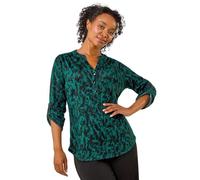 Roman Originals Shirt for Women UK Ladies Top Collarless Blouse Stretchy Tunic Smart Casual Autumn Winter Jersey 3/4 Length Sleeve Notch V Neck Flattering Office Work - Jade Black - Size 14