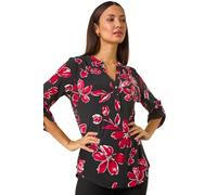 Roman Originals Shirt for Women UK Ladies Top Collarless Blouse Stretchy Tunic Smart Casual Autumn Winter Jersey 3/4 Length Sleeve Notch V Neck Flattering Office Work - Red Ink - Size 10