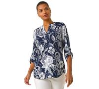 Roman Originals Shirt for Women UK Ladies Top Collarless Blouse Stretchy Tunic Smart Casual Autumn Winter Jersey 3/4 Length Sleeve Notch V Neck Flattering Office Work - Navy White Floral - Size 20