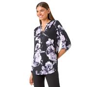 Roman Originals Shirt for Women UK Ladies Top Collarless Blouse Stretchy Tunic Smart Casual Autumn Winter Jersey 3/4 Length Sleeve Notch V Neck Flattering Office Work - Lilac - Size 12