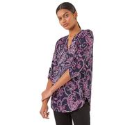 Roman Originals Shirt for Women UK Ladies Top Collarless Blouse Stretchy Tunic Smart Casual Autumn Winter Jersey 3/4 Length Sleeve Notch V Neck Flattering Office Work - Navy Leaf - Size 18