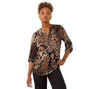 Roman Originals Shirt for Women UK Ladies Top Collarless Blouse Stretchy Tunic Smart Casual Autumn Winter Jersey 3/4 Length Sleeve Notch V Neck Flattering Office Work - Animal Brown - Size 18