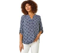 Roman Originals Shirt for Women UK Ladies Top Collarless Blouse Stretchy Tunic Smart Casual Autumn Winter Jersey 3/4 Length Sleeve Notch V Neck Flattering Office Work - Abstract Navy - Size 10