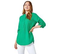 Roman Originals Shirt for Women UK Ladies Top Collarless Blouse Stretchy Tunic Smart Casual Autumn Winter Jersey 3/4 Length Sleeve Notch V Neck Flattering Office Work - Plain Green - Size 10