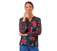Roman Originals Shirt for Women UK Ladies Top Collarless Blouse Stretchy Tunic Smart Casual Autumn Winter Jersey 3/4 Length Sleeve Notch V Neck Flattering Office Work - Red Green Black - Size 12