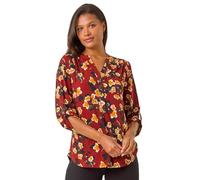Roman Originals Shirt for Women UK Ladies Top Collarless Blouse Stretchy Tunic Smart Casual Autumn Winter Jersey 3/4 Length Sleeve Notch V Neck Flattering Office Work - Wine Yellow - Size 18