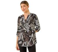Roman Originals Shirt for Women UK Ladies Top Collarless Blouse Stretchy Tunic Smart Casual Autumn Winter Jersey 3/4 Length Sleeve Notch V Neck Flattering Office Work - Abstract Brown - Size 16