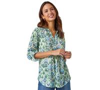 Roman Originals Shirt for Women UK Ladies Top Collarless Blouse Stretchy Tunic Smart Casual Autumn Winter Jersey 3/4 Length Sleeve Notch V Neck Flattering Office Work - Green Beige - Size 14