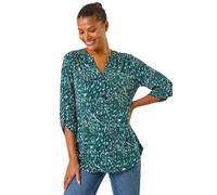 Roman Originals Shirt for Women UK Ladies Top Collarless Blouse Stretchy Tunic Smart Casual Autumn Winter Jersey 3/4 Length Sleeve Notch V Neck Flattering Office Work - Teal Noir - Size 12