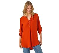 Roman Originals Shirt for Women UK Ladies Top Collarless Blouse Stretchy Tunic Smart Casual Autumn Winter Jersey 3/4 Length Sleeve Notch V Neck Flattering Office Work - Rust - Size 20