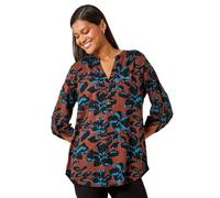 Roman Originals Shirt for Women UK Ladies Top Collarless Blouse Stretchy Tunic Smart Casual Autumn Winter Jersey 3/4 Length Sleeve Notch V Neck Flattering Office Work - Brown - Size 10
