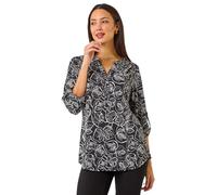 Roman Originals Shirt for Women UK Ladies Top Collarless Blouse Stretchy Tunic Smart Casual Autumn Winter Jersey 3/4 Length Sleeve Notch V Neck Flattering Office Work - Noir Leaf - Size 14
