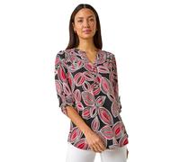 Roman Originals Shirt for Women UK Ladies Top Collarless Blouse Stretchy Tunic Smart Casual Autumn Winter Jersey 3/4 Length Sleeve Notch V Neck Flattering Office Work - Leaf Red - Size 12