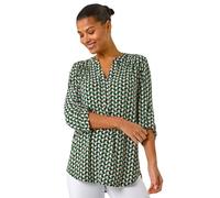 Roman Originals Shirt for Women UK Ladies Top Collarless Blouse Stretchy Tunic Smart Casual Autumn Winter Jersey 3/4 Length Sleeve Notch V Neck Flattering Office Work - Abstract Green - Size 10