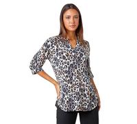 Roman Originals Shirt for Women UK Ladies Top Collarless Blouse Stretchy Tunic Smart Casual Autumn Winter Jersey 3/4 Length Sleeve Notch V Neck Flattering Office Work - Taupe - Size 14