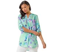 Roman Originals Shirt Top for Women UK Ladies Collarless Blouse Smart Tunic Button Through Longline Asymmetric Hem 3/4 Length Roll Up Sleeves V Neck Going Out - Light Blue - Size 10