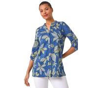 Roman Originals Shirt Top for Women UK Ladies Collarless Blouse Smart Tunic Button Through Longline Asymmetric Hem 3/4 Length Roll Up Sleeves V Neck Going Out - Denim - Size 18