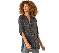 Roman Originals Shirt Top for Women UK Ladies Collarless Blouse Smart Tunic Button Through Longline Asymmetric Hem 3/4 Length Roll Up Sleeves V Neck Going Out - Silver - Size 12