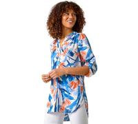 Roman Originals Shirt Top for Women UK Ladies Collarless Blouse Smart Tunic Button Through Longline Asymmetric Hem 3/4 Length Roll Up Sleeves V Neck Going Out - Blue Floral - Size 10