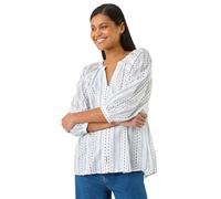 Roman Originals Shirt Top for Women UK Ladies Collarless Blouse Smart Tunic Button Through Longline Asymmetric Hem 3/4 Length Roll Up Sleeves V Neck Going Out - Blue Stripe - Size 14