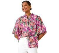 Roman Originals Short Sleeve Shirt for Women Ladies Cotton Blouse Button Through Tunic Printed Top Work Smart Casual Going Out Work Office V Neck Evening Event - Pink Floral - Size 18