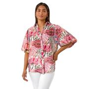 Roman Originals Short Sleeve Shirt for Women Ladies Cotton Blouse Button Through Tunic Printed Top Work Smart Casual Going Out Work Office V Neck Evening Event - Pink Multi - Size 18