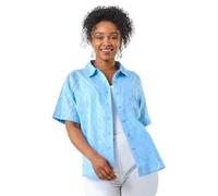 Roman Originals Short Sleeve Shirt for Women Ladies Cotton Blouse Button Through Tunic Printed Top Work Smart Casual Going Out Work Office V Neck Evening Event - Petite Blue - Size 18