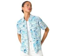 Roman Originals Short Sleeve Shirt for Women Ladies Cotton Blouse Button Through Tunic Printed Top Work Smart Casual Going Out Work Office V Neck Evening Event - Petite Blue Ivory - Size 14
