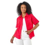 Roman Originals Short Sleeve Shirt for Women Ladies Cotton Blouse Button Through Tunic Printed Top Work Smart Casual Going Out Work Office V Neck Evening Event - Petite Coral - Size 14