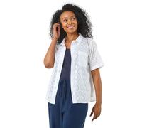 Roman Originals Short Sleeve Shirt for Women Ladies Cotton Blouse Button Through Tunic Printed Top Work Smart Casual Going Out Work Office V Neck Evening Event - Petite White Jacquard - Size 14