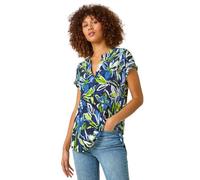 Roman Originals Short Sleeve Shirt for Women UK Ladies Tunic Top Summer Blouse Casual Smat T-Shirt Spring Work Cocktail Party Going Out Special Occassion Holiday V-Neck - Blue Leaf - Size 20