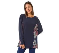Roman Originals Side Printed Stretch Tunic Top for Women UK - Ladies Everyday Autumn Winter Round Neckline Comfy Soft Evening Vacation Work Party Night Out - Midnight Blue - Size 16