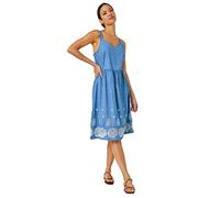 Roman Originals Sleeveless Cotton Embroidered Midi Dress for Women UK - Ladies Everyday Holiday Spring Summer Sweetheart Neckline Comfy Soft Evening Vacation Work Party - Denim - Size 18
