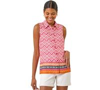 Roman Originals Sleeveless Shirt for Women UK Ladies Blouse Top Button Through Summer Smart Casual Work Cocktail Party Office Holiday Special Occassion Evening Going Out - Red Geometric - Size 18