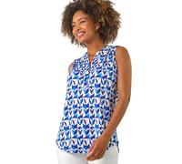 Roman Originals Sleeveless Shirt for Women UK Ladies Vest Tank Top Summer Smart Blouse Stretchy Jersey T-Shirt Casual Spring Holiday Party Beach Vacation Notch Neck - Blue Geometric - Size 12