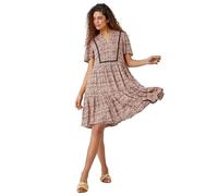 Roman Originals Smock Dress for Women UK Ladies Cotton Summer Embroidered Frilled Tiered Casual Beach Cruise Holiday Cocktail Party 3/4 Sleeve Pull On Gathered Skirt - Light Pink - Size 12