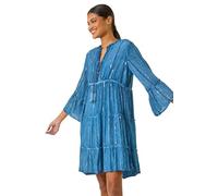 Roman Originals Smock Dress for Women UK Ladies Cotton Summer Embroidered Frilled Tiered Casual Beach Cruise Holiday Cocktail Party 3/4 Sleeve Pull On Gathered Skirt - Denim - Size 16