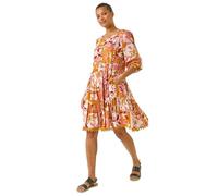 Roman Originals Smock Dress for Women UK Ladies Cotton Summer Embroidered Frilled Tiered Casual Beach Cruise Holiday Cocktail Party 3/4 Sleeve Pull On Gathered Skirt - Amber - Size 14