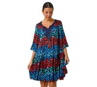 Roman Originals Smock Dress for Women UK Ladies Cotton Summer Embroidered Frilled Tiered Casual Beach Cruise Holiday Cocktail Party 3/4 Sleeve Pull On Gathered Skirt - Navy Red - Size 14