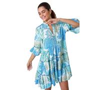 Roman Originals Smock Dress for Women UK Ladies Cotton Summer Embroidered Frilled Tiered Casual Beach Cruise Holiday Cocktail Party 3/4 Sleeve Pull On Gathered Skirt - Blue Multi - Size 16