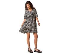 Roman Originals Smock Dress for Women UK Ladies Cotton Summer Embroidered Frilled Tiered Casual Beach Cruise Holiday Cocktail Party 3/4 Sleeve Pull On Gathered Skirt - Aztec Noir - Size 14