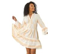 Roman Originals Smock Dress for Women UK Ladies Cotton Summer Embroidered Frilled Tiered Casual Beach Cruise Holiday Cocktail Party 3/4 Sleeve Pull On Gathered Skirt - Petite Coral - Size 10