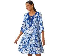 Roman Originals Smock Dress for Women UK Ladies Cotton Summer Embroidered Frilled Tiered Casual Beach Cruise Holiday Cocktail Party 3/4 Sleeve Pull On Gathered Skirt - Floral Blue - Size 16