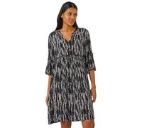 Roman Originals Smock Dress for Women UK Ladies Cotton Summer Embroidered Frilled Tiered Casual Beach Cruise Holiday Cocktail Party 3/4 Sleeve Pull On Gathered Skirt - Abstract Noir - Size 12