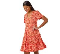 Roman Originals Smock Dress for Women UK Ladies Cotton Summer Embroidered Frilled Tiered Casual Beach Cruise Holiday Cocktail Party 3/4 Sleeve Pull On Gathered Skirt - Orange - Size 20